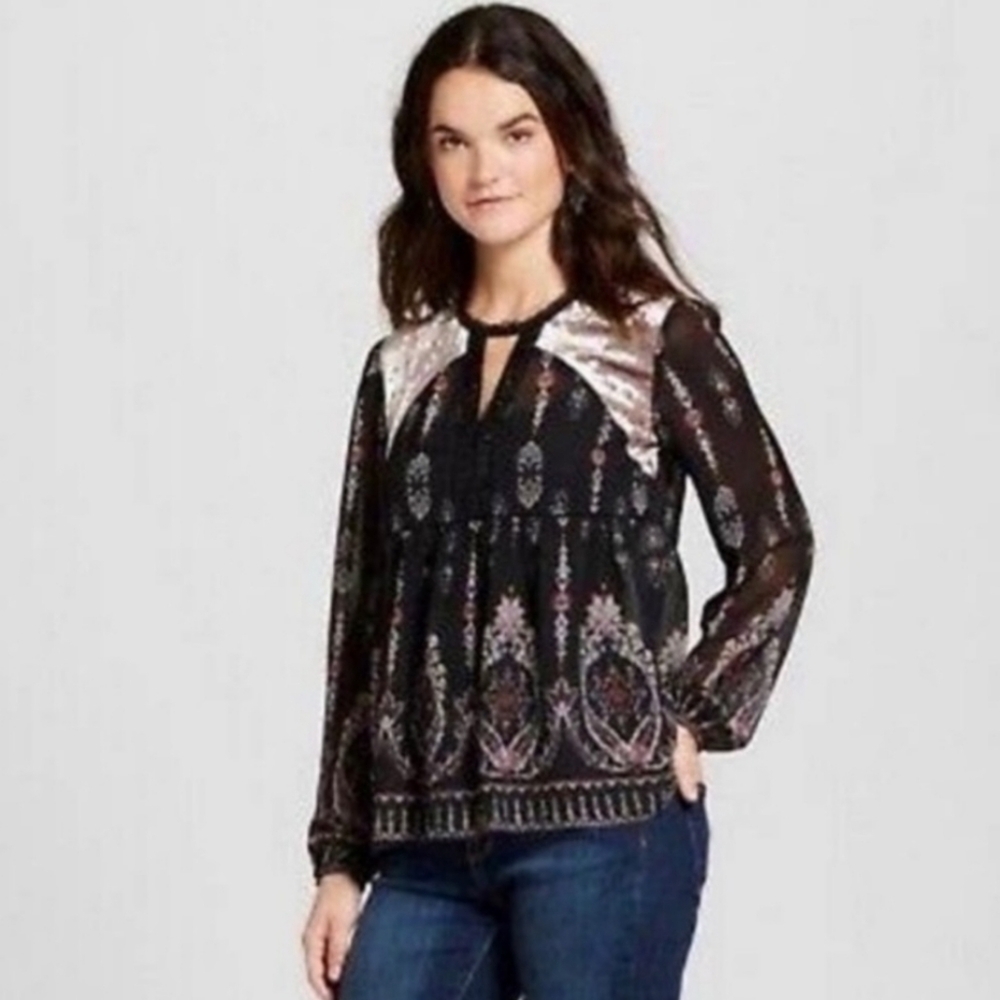 Knox Rose Boho Festival Velvet Panel Blouse Black Long Sleeve Semi Sheer Small